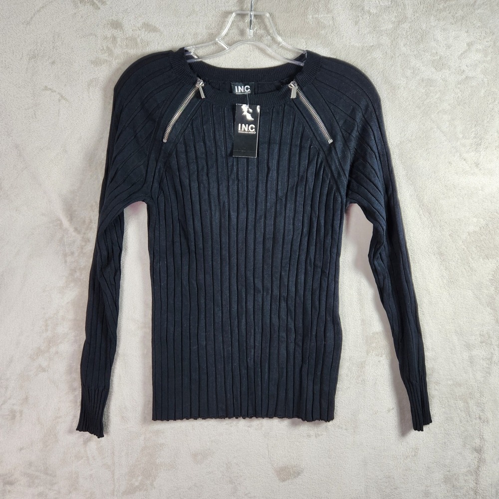 INC International Concepts Sweater Womens Medium Black Zipper Ribbed Edgy Moto
